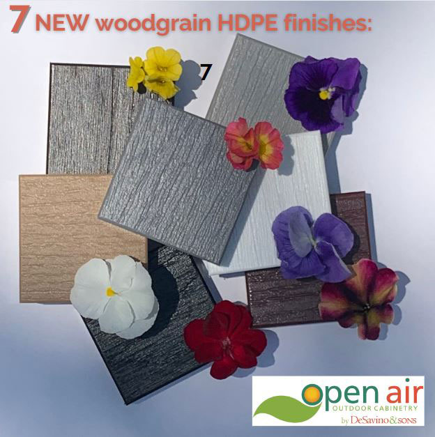 Seven new wood grain HDPE non toxic styles just launched with Open Air Outdoor Cabinetry
