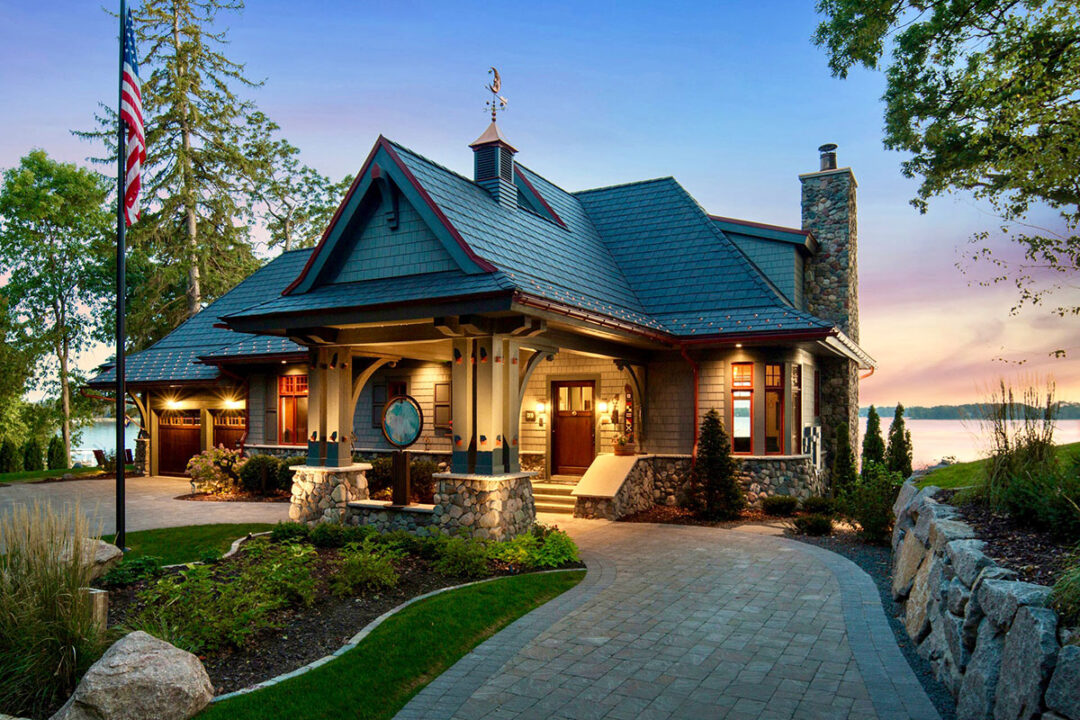 Lake-Minnetonka-MN-home-at-sunset-with-outdoor-lighting